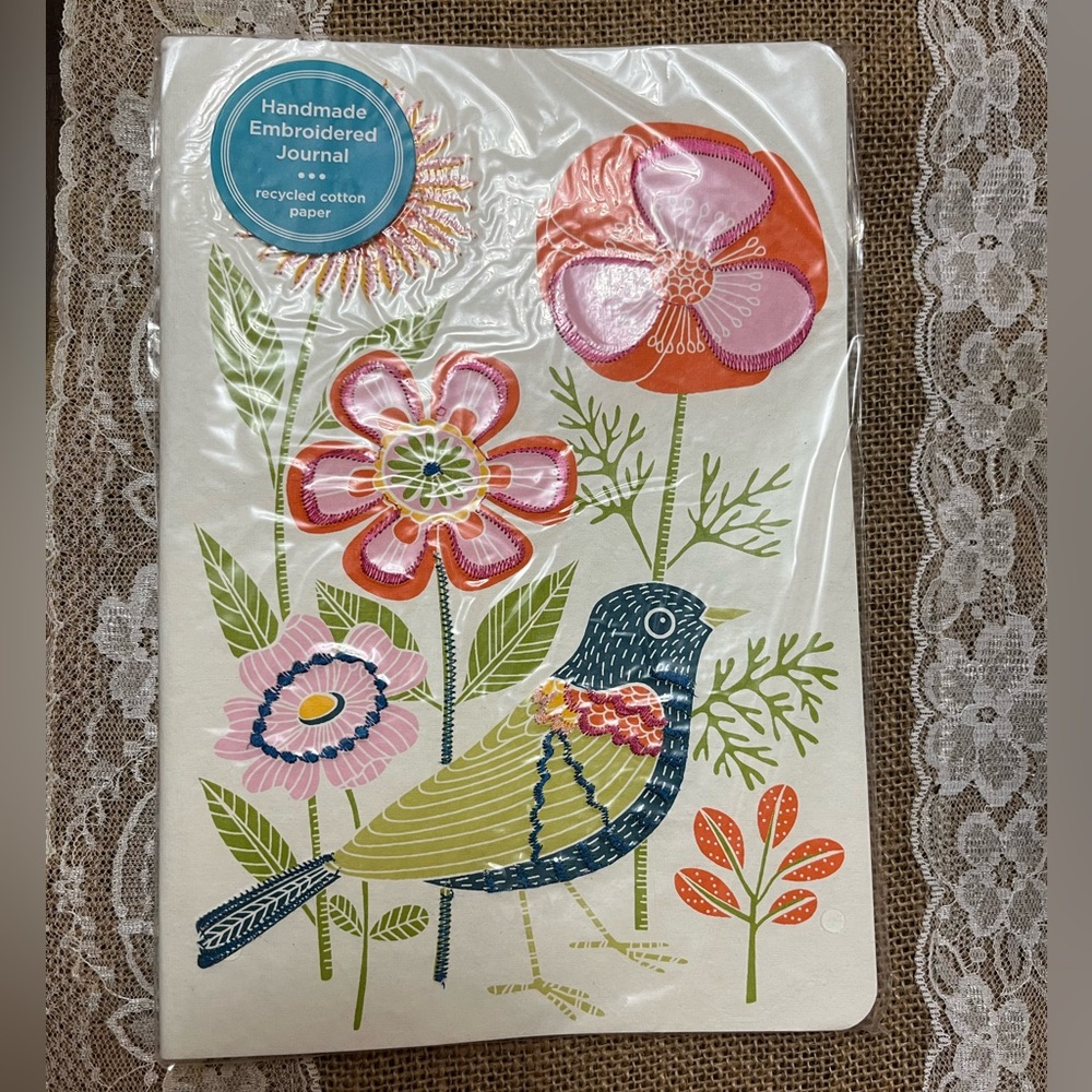 Handmade Embroidered Journal with Bird and Flowers